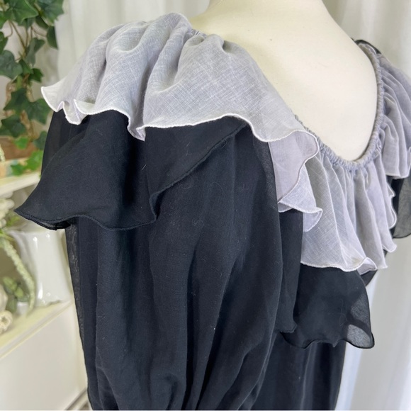 Vintage 80s Black and Silver Ruffle Cotton Gauze Mini Dress - Picture 9 of 16
